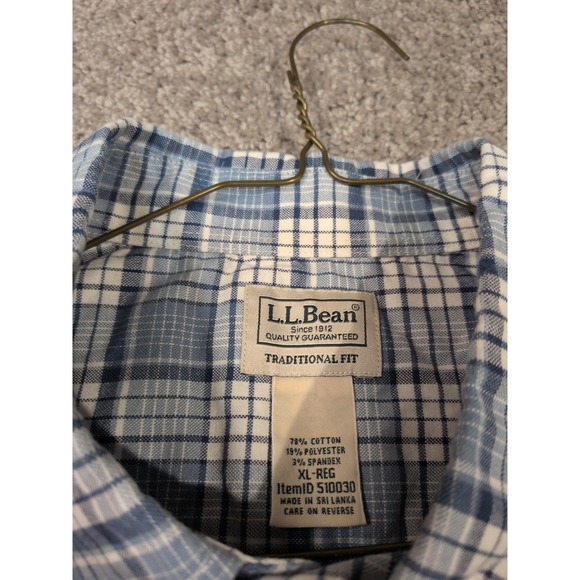 LL Bean Mens XL Traditional Fit Plaid Button Down Shirt Blue White Stretch - Picture 2 of 8